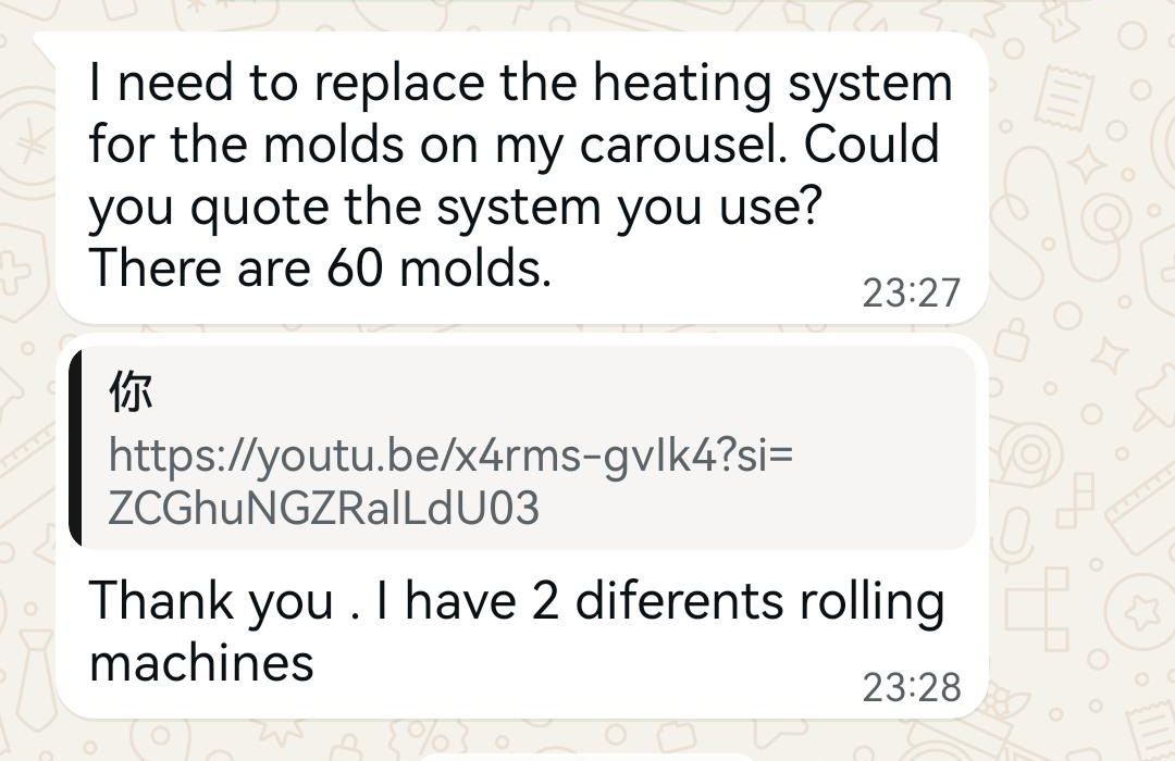 After the sale: the client returns with the mould-heating request for its carousel (anonymized)